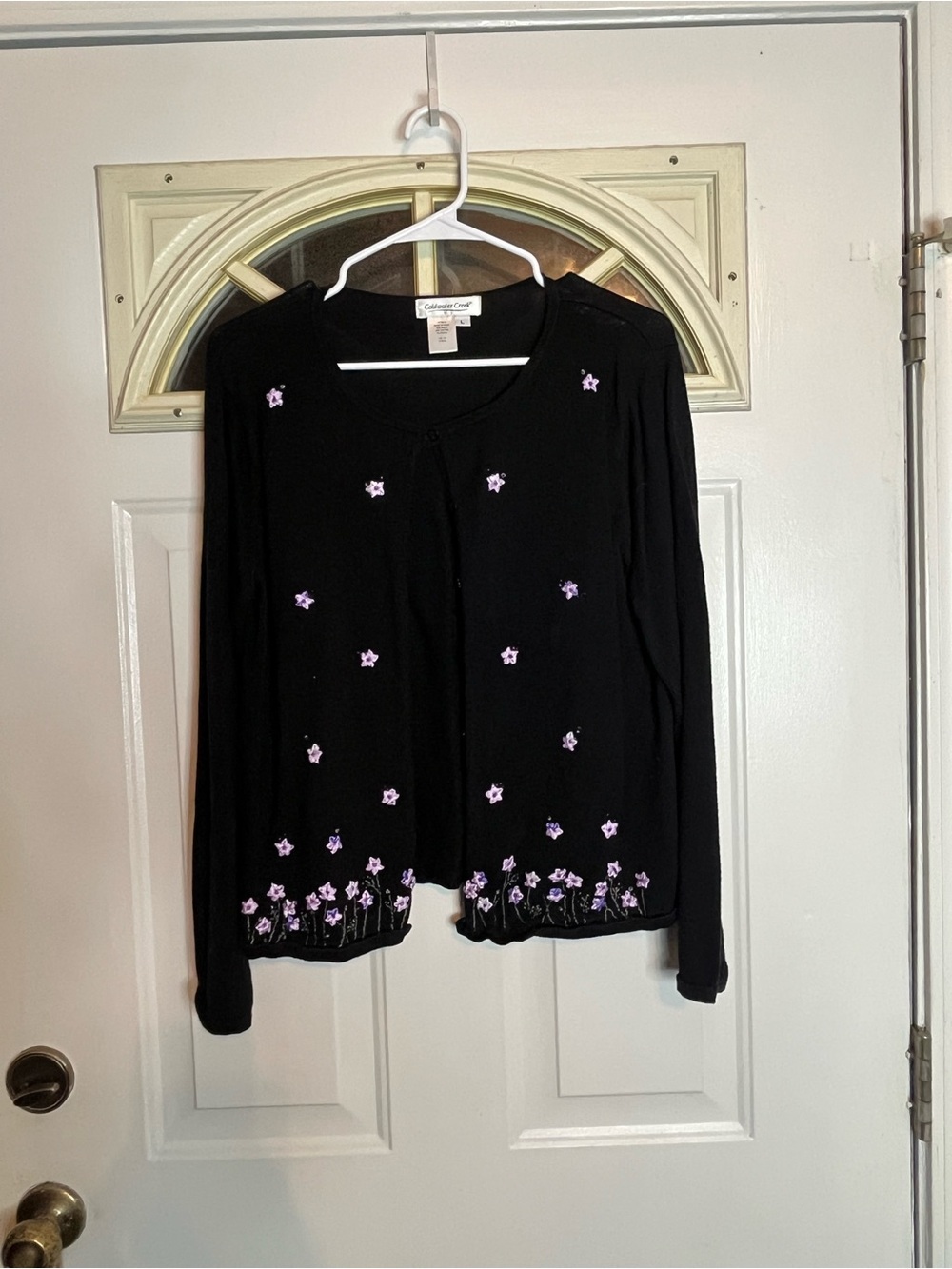 Coldwater Creek Black Cardigan with Lavender Floral Embroidery